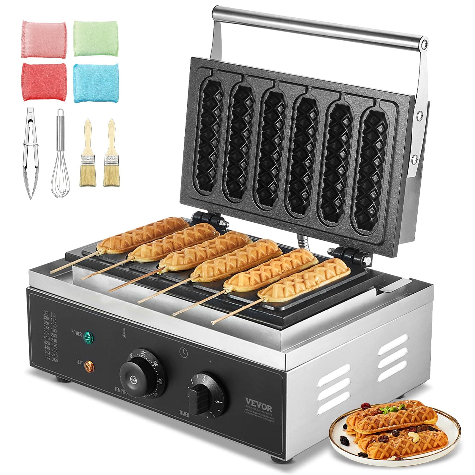 VEVOR Commercial Waffle Stick Maker, 6PCS 1500W Waffle Baker Machine, Non-Stick Stainless Steel Corn Hot Dog Waffle Iron with Temp and Time Control, Handle, for Restaurant Bakery Snack Bar Family
