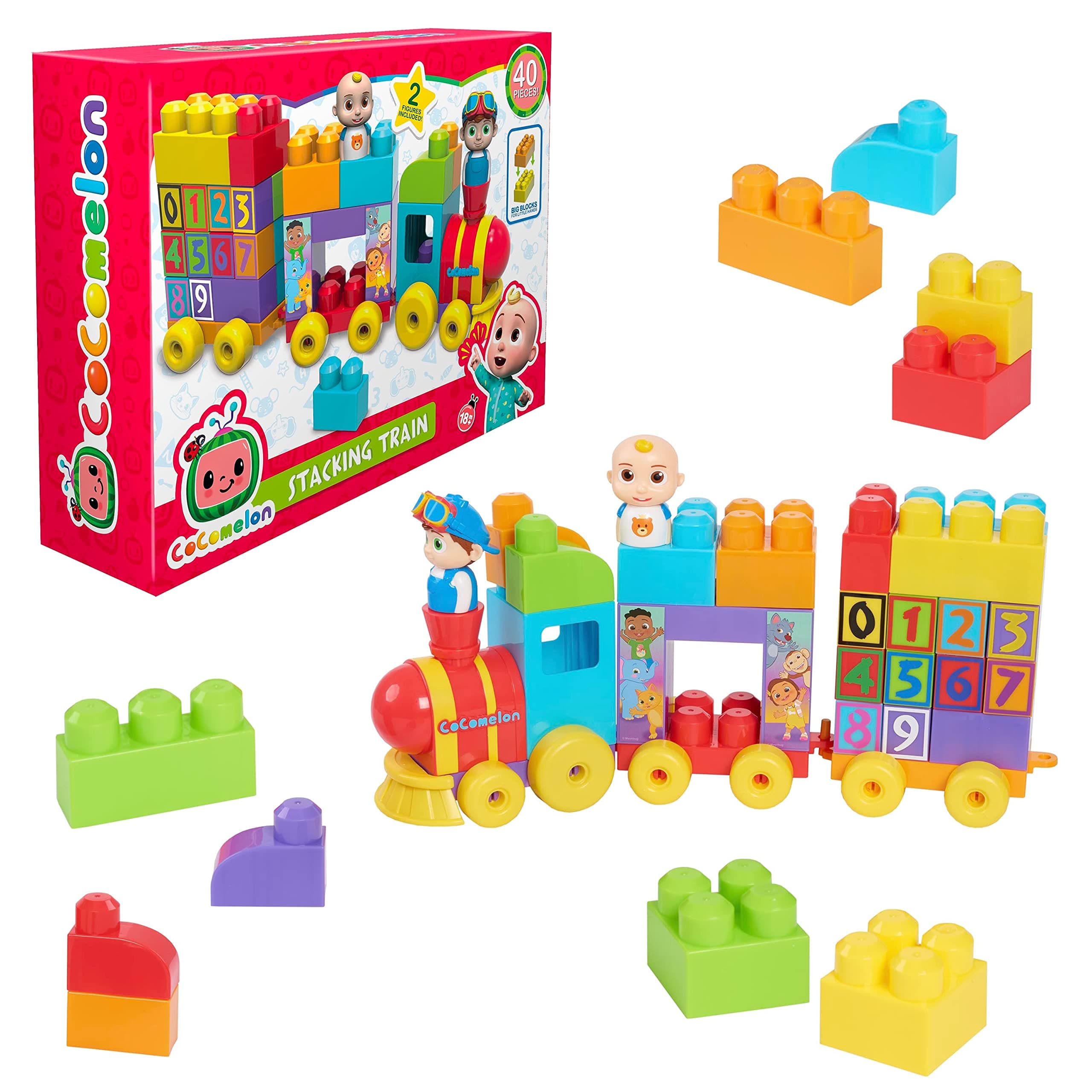 CoComelon Stacking Train, 40 Piece Large Building Block Set Includes JJ and TomTom Figures, Color and Number Recognition, by Just Play