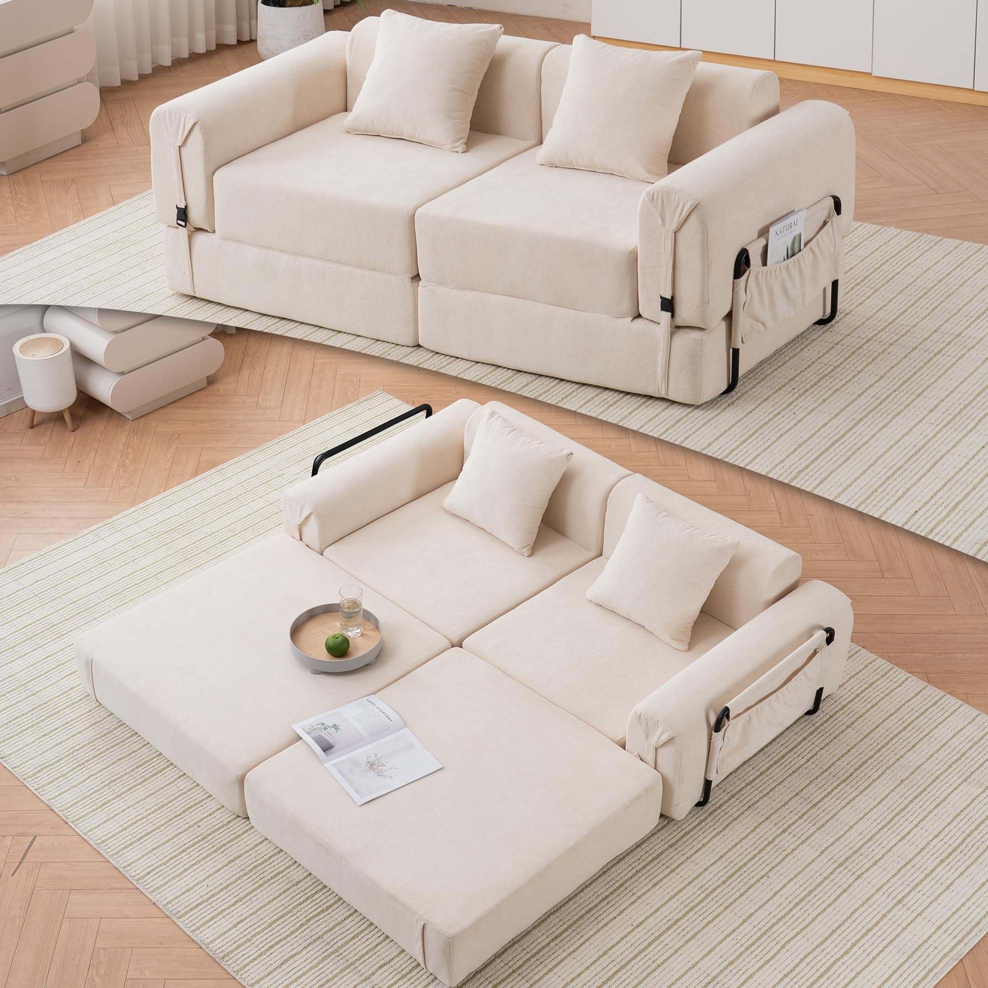 71.25" W Convertible Sectional Sleeper Sofa Bed, Comfy Fleece Foldable Loveseat Boneless Floor Lounge Couch Set for Living Room Apartment Office Bedroom Small Spaces