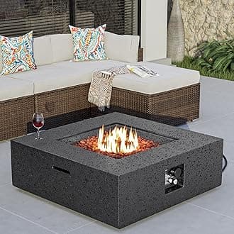 COSIEST Outdoor Propane Fire Pit Coffee Table w Square Faux Stone 35-inch Base, 50,000 BTU Stainless Steel Burner, Free Lava Rocks and Rain Cover, Gray