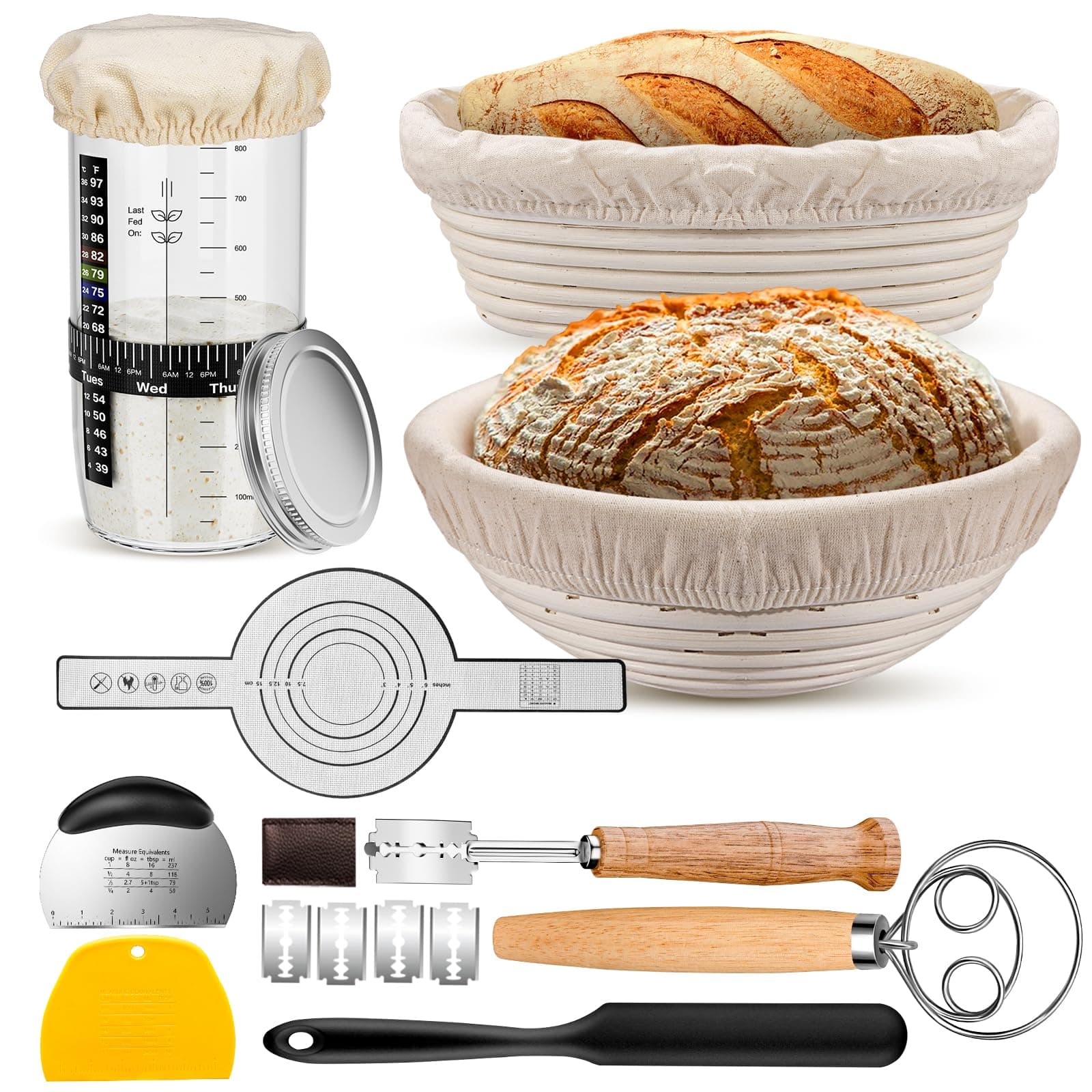Sourdough Starter Kit, Sourdough Bread Baking Supplies with 2 Bread Proofing Baskets for Sourdough, 36oz Sourdough Starter Jar, Bread Lame, Dough Scraper, Dough Whisk & Silicone Bread Sling