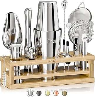 BARE BARREL® Mixology Bartender Kit Bar Set | 16-Piece Cocktail Shaker Set | Martini Barware Mixing Tools for Home Bartending | Incl. 35 Recipe Cards | Gift Set (28oz Boston Shaker, Silver/Natural)