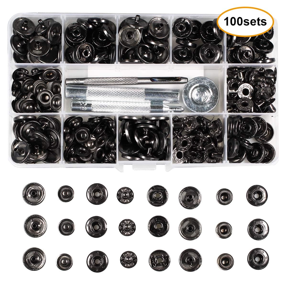 100 Sets - 1/2" Brass Leather Snap Fasteners Kit, 12.5mm Button Snap Press Studs Rapid Rivet Button for Clothes, Jeans, Bracelets (12mm Brass, Gun Black)