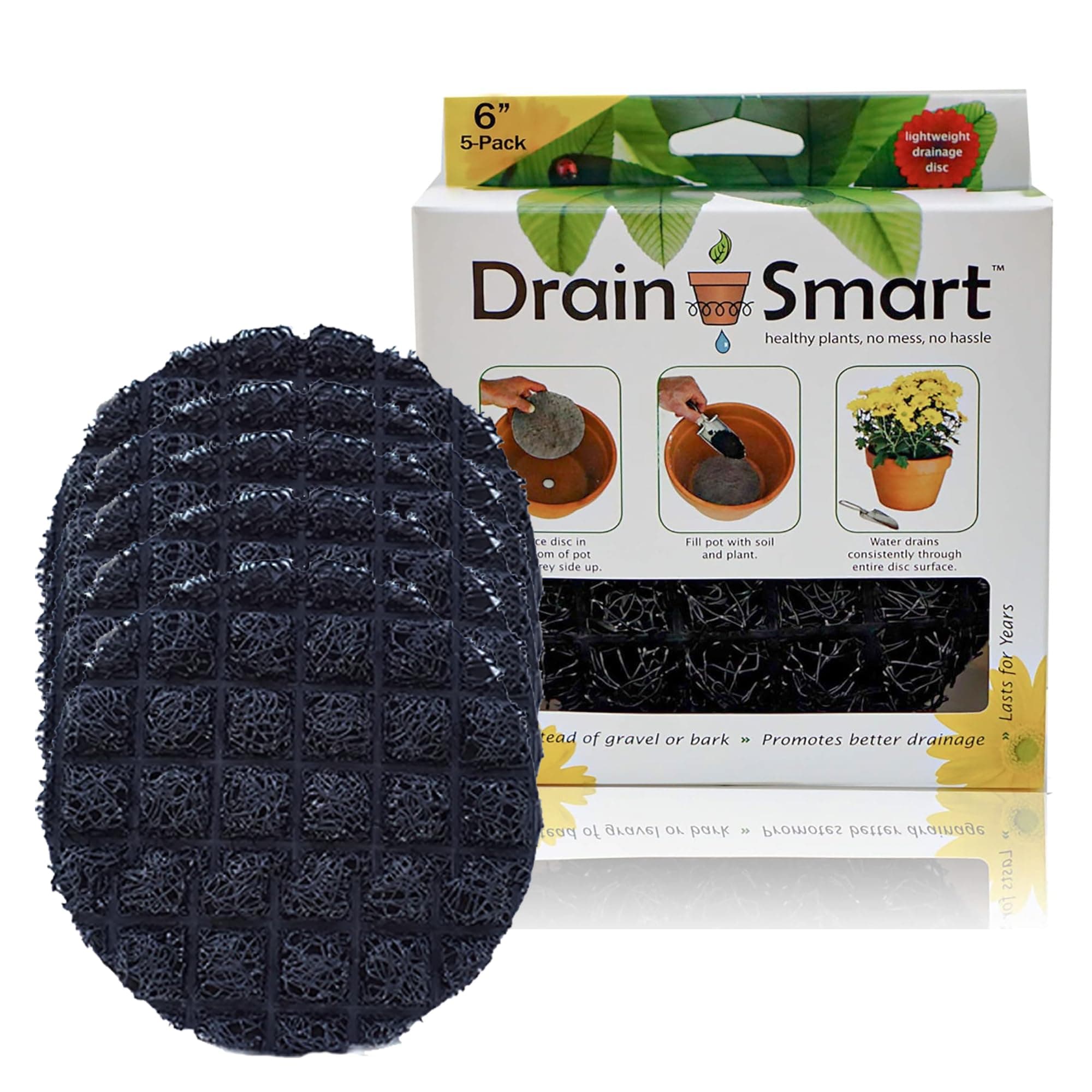 Drain Smart 3D Mesh Planter Pot Drainage Insert Disc – Made in USA – Keeps Soil in, Lets Water Drain Out – Cleaner, Lighter Alternative to Gravel for Indoor & Outdoor Planters (6" – 5 Pack)