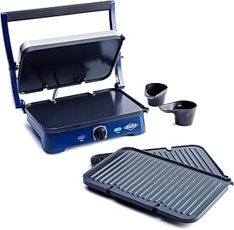 Blue Diamond Electric Contact Griddle, Healthy Ceramic Nonstick, PFAS & PFOA-Free, Open Flat Design, Metal Utensil Safe, Drip Tray, Dishwasher Safe Removable Plates, Adjustable Temperature, Blue
