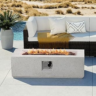 COSIEST Outdoor Propane Fire Pit Coffee Table, 42-inch x 13-inch Terrazzo Rectangle Base Patio Heater w Certified, 50,000 BTU Stainless Steel Burner, Free Lava Rocks and Rain Cover