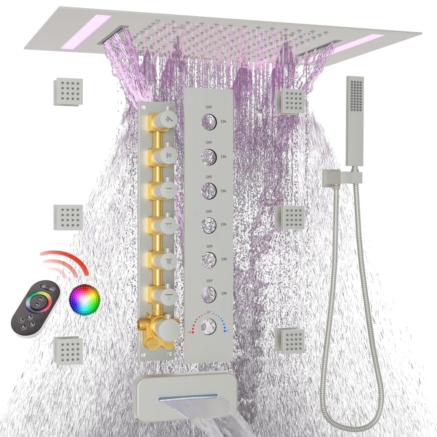 HOMEDEC LED Multi Functions Full Body Shower System with 6pcs Body Jets Spray with（Up/Down）Shower Spout, Large 3 In 1 Functions 14x20inch Showerhead, Rainfall Mist Shower Faucet Set, Brushed Nickel