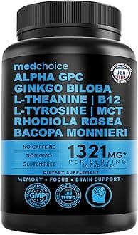 12-in-1 Nootropic Brain Supplement Anhydrous: Ginkgo Biloba for Brain Support, Memory and Focus - B12, Alpha GPC, L Theanine and Choline Supplements with Bioperine Non Caffeinated 1321mg (60ct)