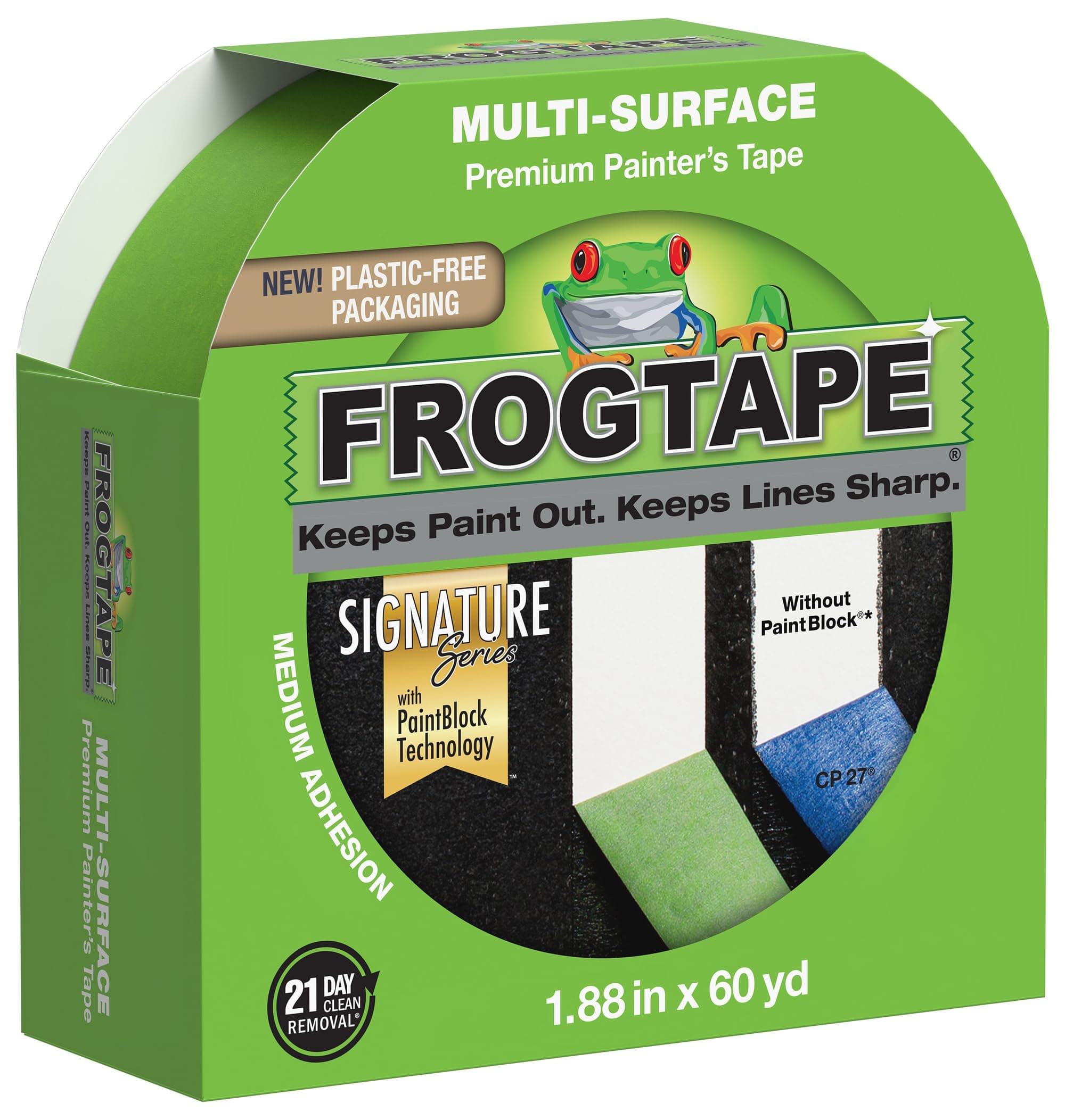 FROGTAPE Multi-Surface Painter's Tape with PAINTBLOCK, Medium Adhesion, 1.88" Wide x 60 Yards Long, Green (1358464)