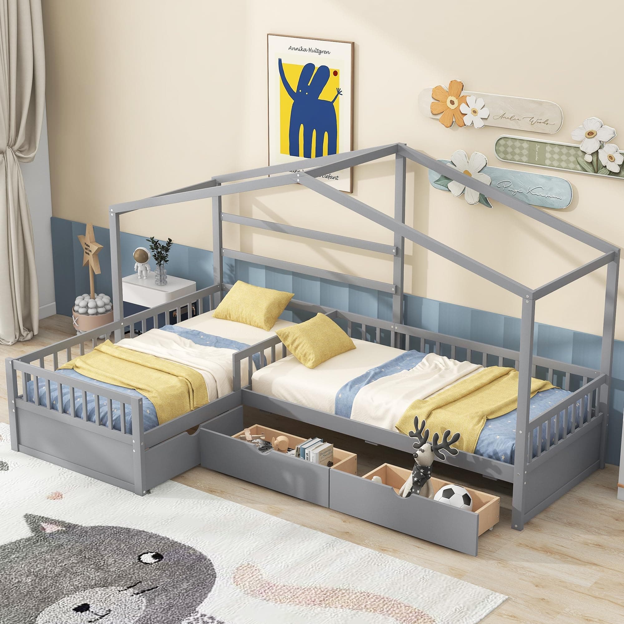 Harper & Bright Designs Wood Twin Size Platform Bed with with Storage Drawers and Roof for Kids Boys Girls, House Bed Frame with Fence, No Box Spring Needed, Space Saving, Gray