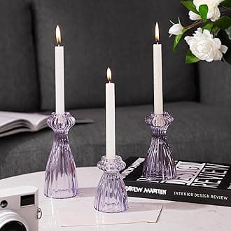 Lysenn Glass Candle Stick Holder Set of 3 – Premium Taper Candle Holders for Romantic Ambiance - Candle Sticks Holder Decor for Special Occasions - Purple