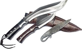 MASUM 10” Blade Authentic Afghan Kukri, Afghan OEF Khukri, Handmade Military khukri, Carbon Steel, Rosewood Handle, Brown Leather Scabbard Full Tang Khukuri w/ 2 extra small knives