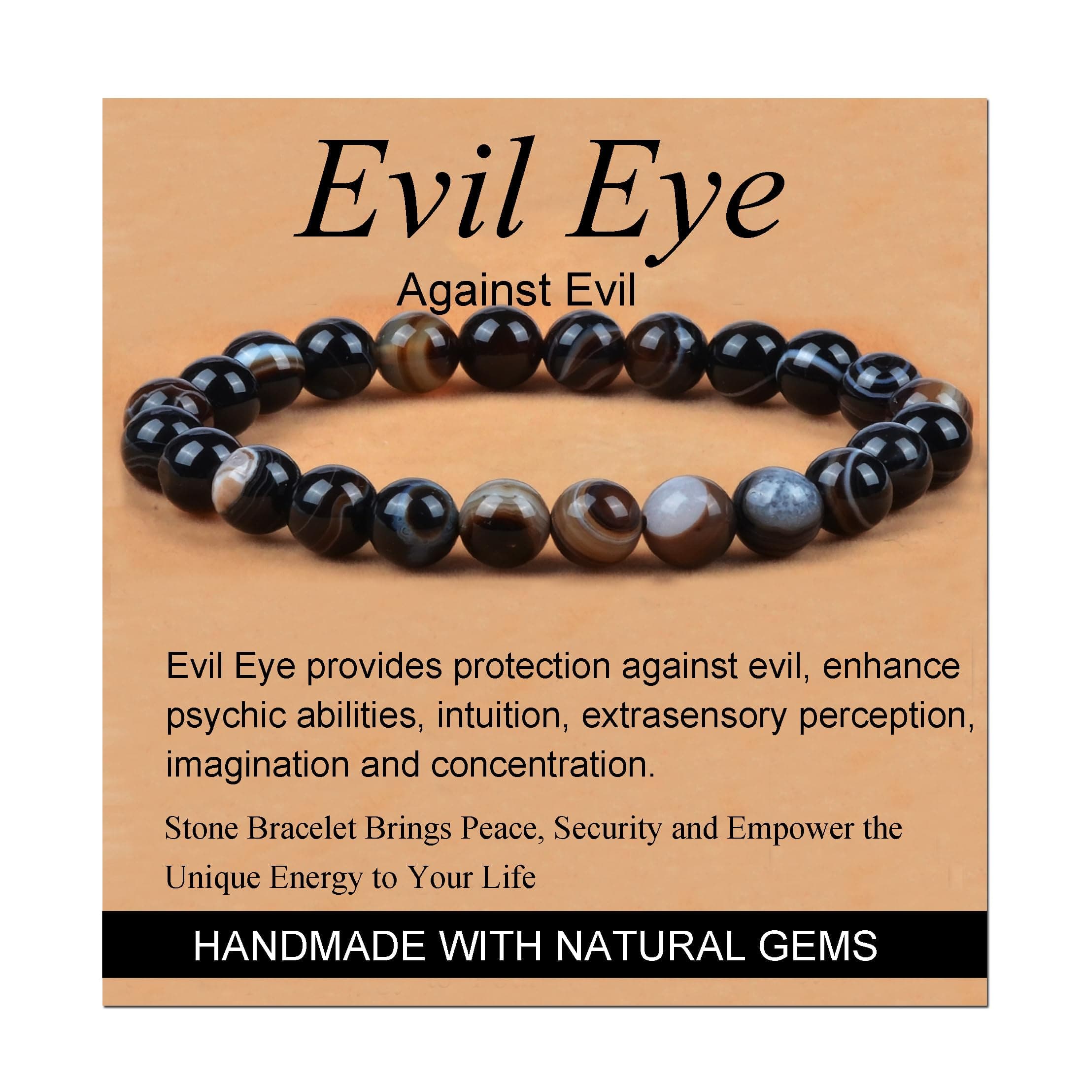 Massive Beads Evil Eye Agate - Stone of Against Evil - Handmade Yoga Stretch Elastic Bracelet Natural Stone Crystal Healing Power Energy Gifts for Unisex Adult 8mm