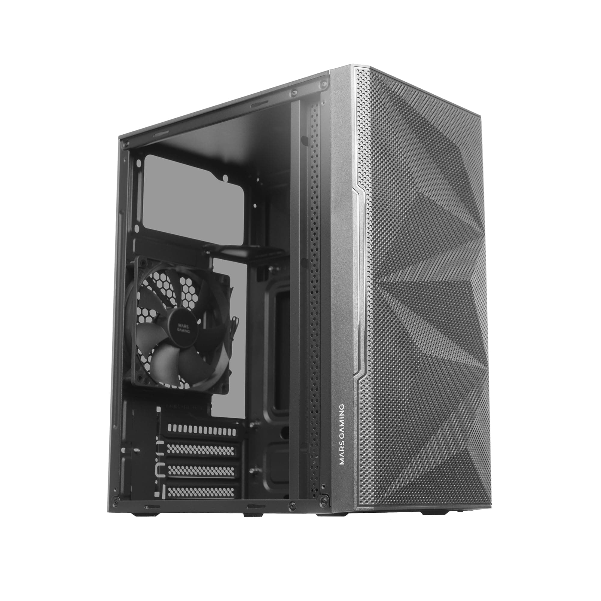 Mars GamingMC-1500, Compact MicroATX Case, Tempered Glass Side Window, Geometric Total-Mesh Front Design, 1x Ultra-quiet 120mm FDB Fan, Black