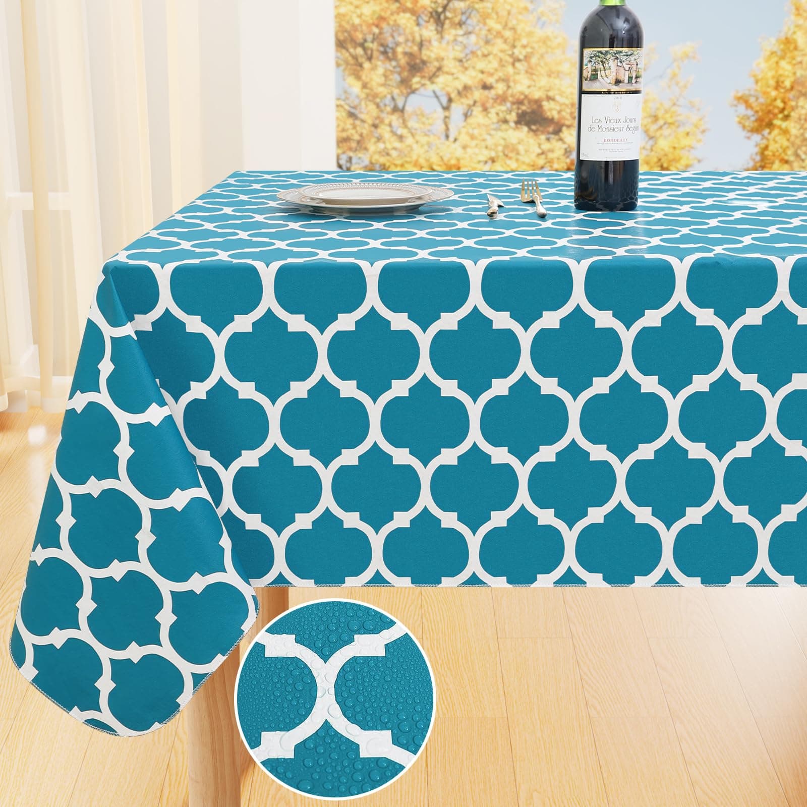 Smiry Rectangle Table Cloth Cover, Waterproof Vinyl Tablecloth with Flannel Backing for Rectangle Tables, Wipeable Spillproof Plastic Tablecloths for Dining, Camping, and Indoor 60"x102", Teal