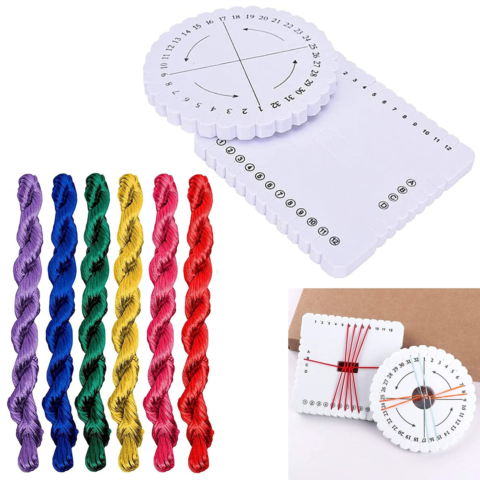 2 Pieces Kumihimo Disc Braiding Board Hand Set Beads Cord Disc Rope Bracelet Handmade Tool 6 Packs of Nylon Thread for Making Bracelets and Lace Wristbands