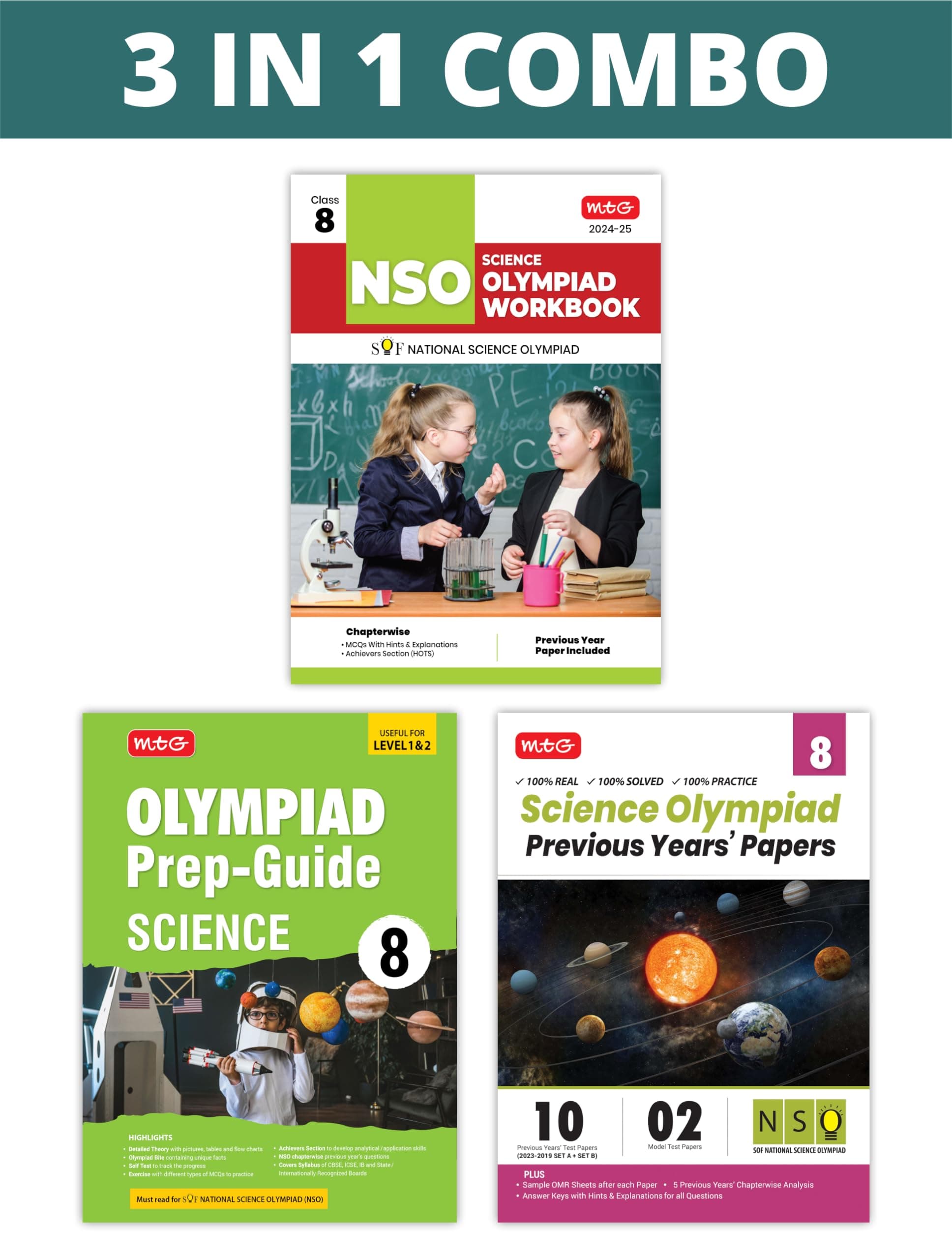 MTG National Science Olympiad (NSO) Workbook, Prep-Guide & Previous Years Papers (PYQs) with Mock Test Paper Class 8 - SOF Olympiad Books For 2024-25 Exam (Set of 3 Books)