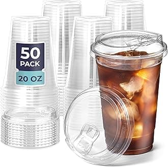 Fit Meal Prep 50 Pack 20 Oz Clear Plastic Cups with Lids - Sippy Cups, Perfect Eco-Friendly To Go Cups for Iced Coffee, Smoothies, Soda, Party Drinks