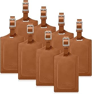 Travelambo 8 Pack Luggage Tags Faux Leather for Suitcases Travel Bag Labels Travel Accessories Essential with Protection Cover ID (Yellowish Brown)