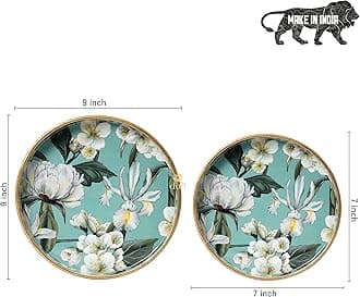 DULI Set of 2 MDF Wood Trays Enamel Coated| Round Trays Set of 2 | Serving Trays | Wooden Tray | Kitchen&Dining Decorative | Resin Tray | Handmade | 7x7 & 9x9 inches (AquaWhiteFloral)