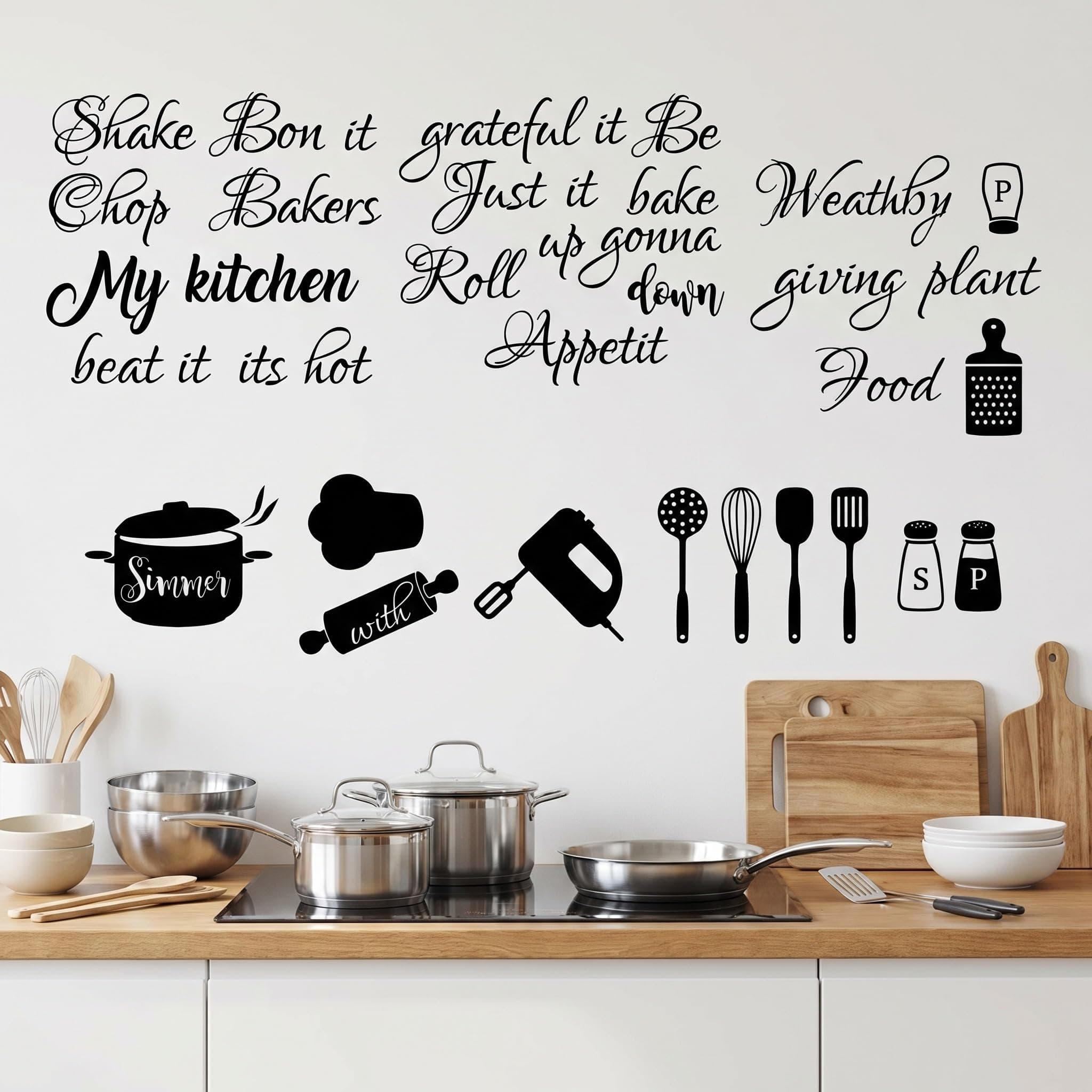 Seajan 4 Pcs Kitchen Wall Stickers Kitchen Quotes Wall Decals with Funny Lettering Vinyl Fun Utensils Sticker Peel and Stick Arts for Fridge Restaurant Bar Home Decoration