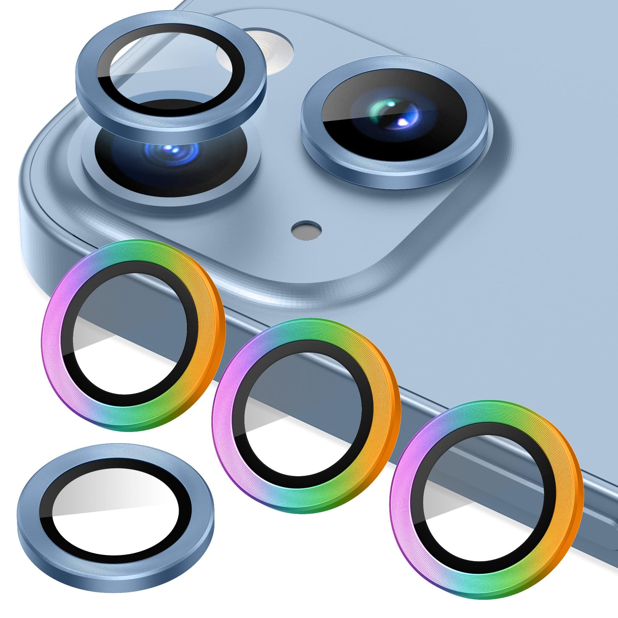 AGVEE3+3 for iPhone 14 6.1" / 14 Plus 6.7" Camera Lens Protector, Brushed Metal Ring 9H Tempered HD Glass Camera Protector Cover Film, Brushed-Blue