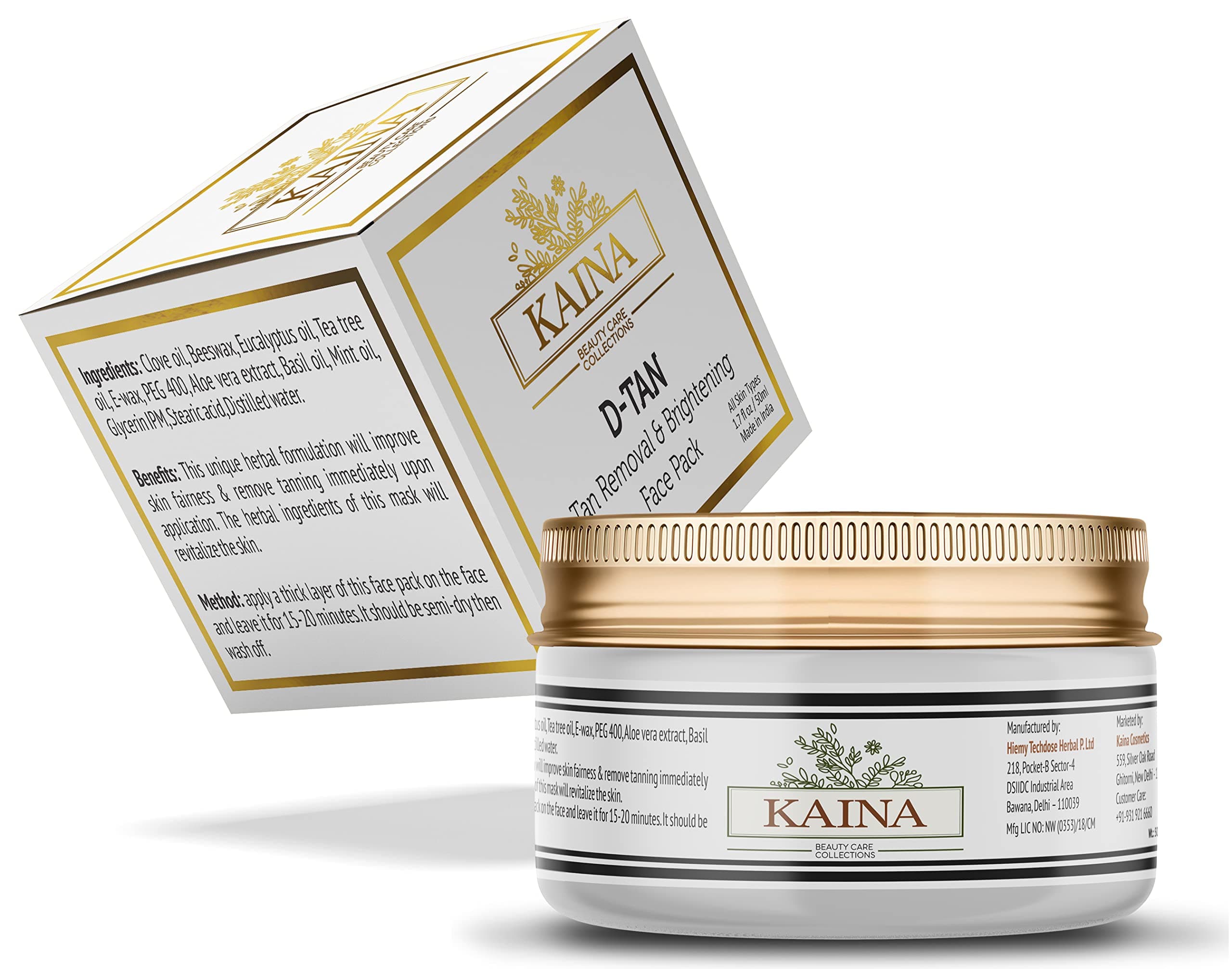 Kaina beauty - D Tan Face Pack - Instant Tan Removal Pack | Skin Brightening | Lighten Skin Tone| Instant Glow |100% Organic | Sun Damage Protection | 50g