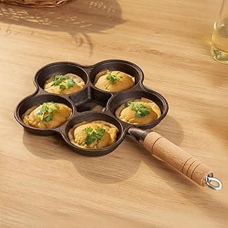HomeEssentials Cast Iron Egg Pan - 6 Hole Nonstick Skillet with Wood Handle | Omelette, Mini Uttapam, Appam Patra, Litti Maker | Nonstick Pan for Eggs, Dumplings | Egg Frying | 42 cm