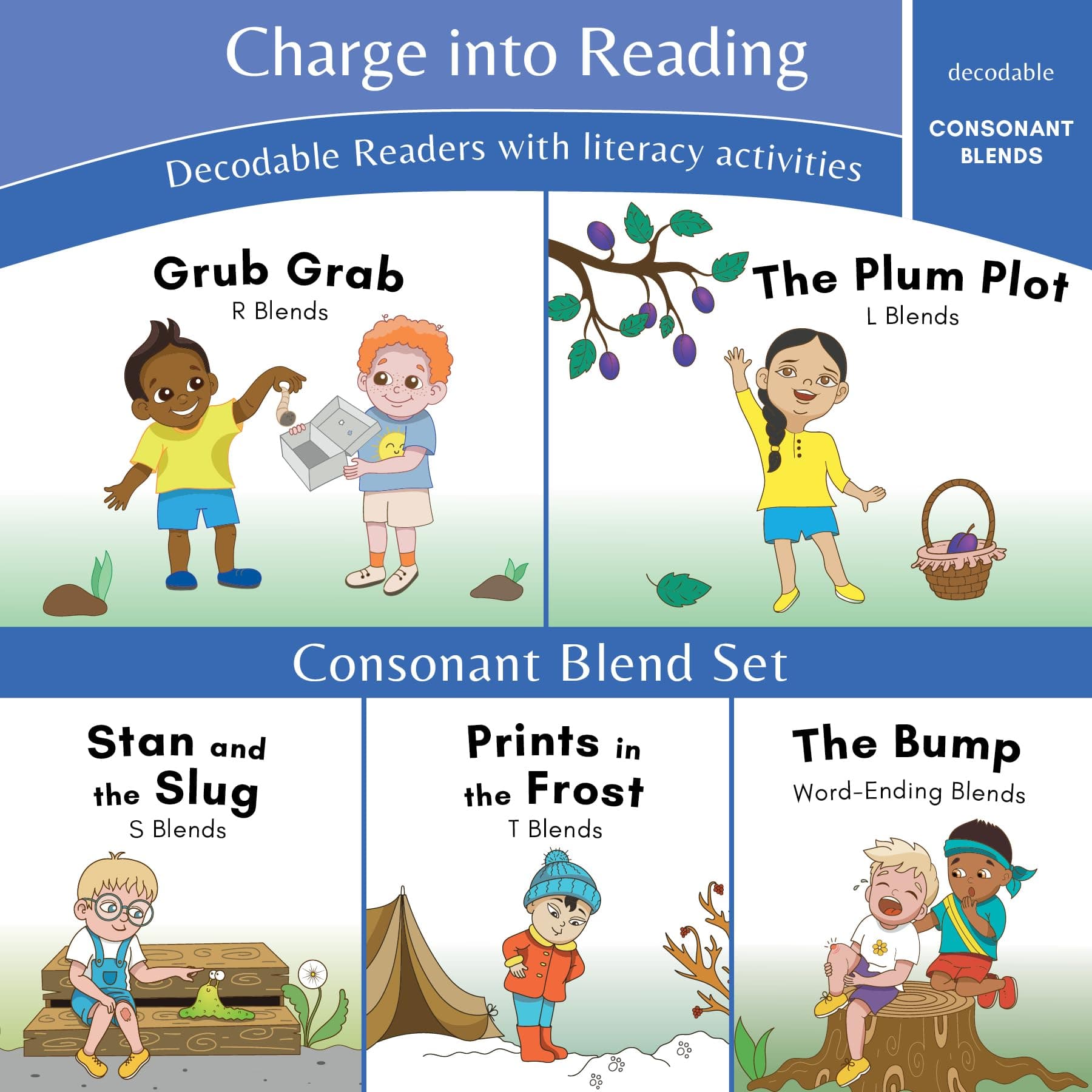 Charge into Reading Decodable Books (Stage 2): 5 Consonant Blends Decodable Readers to Help Kindergarten and First Grade Beginning Readers Learn to Read (One Blend Type Per Book)