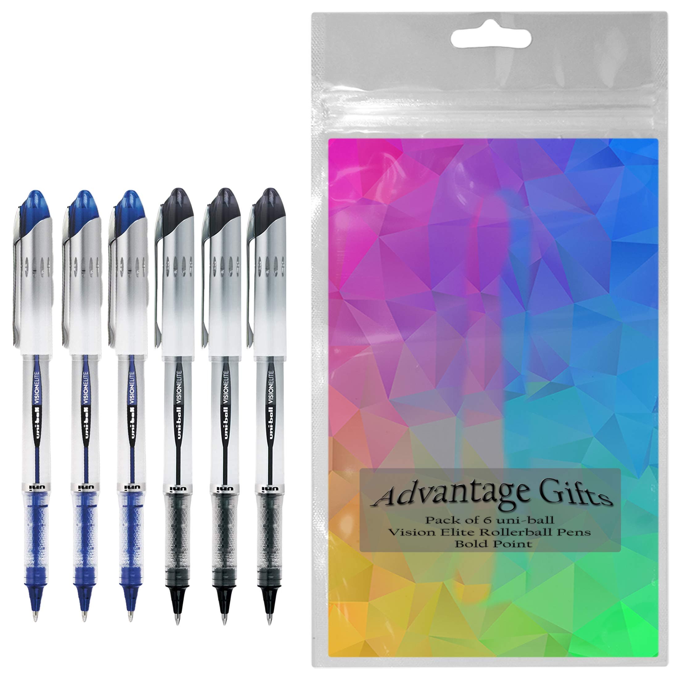 Uni-ball Vision Elite Rollerball Pens, Bold Point (0.8mm), Black/Blue Ink, 6 count, Bundle with Plastic Reusable Pouch