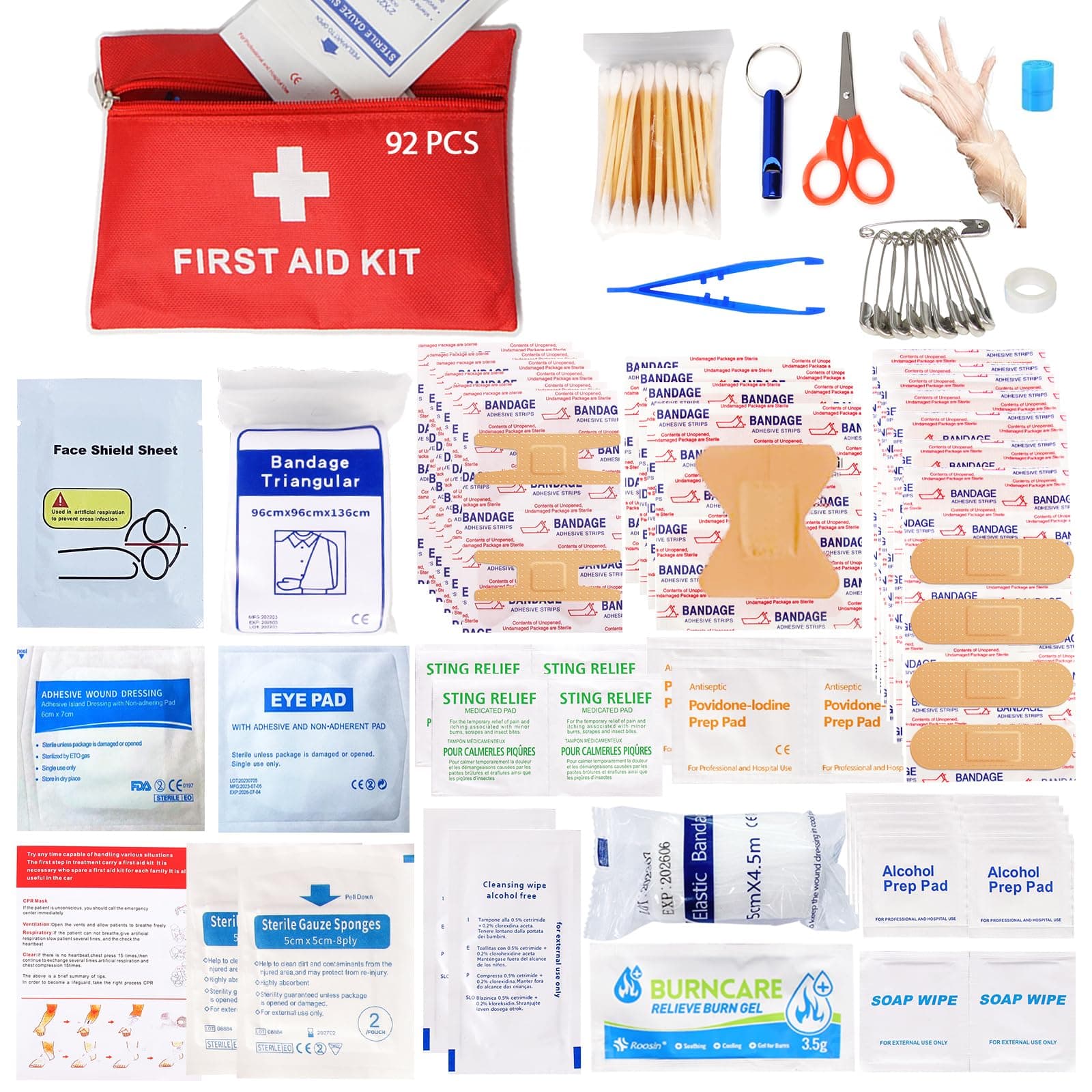 First Aid Kit - 92 Piece Mini Emergency Kits for Car, Basic Outdoor Essentials Survival Trauma Kit Bag, Small Travel Medicine Kit for Home, Sports, Boat, Vehicle, Office, Camping, Hiking