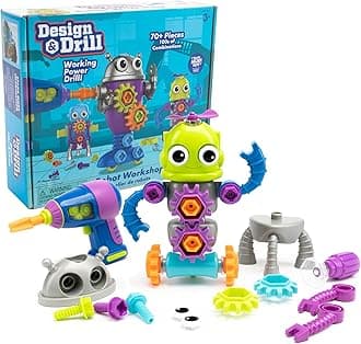 Design & Drill Robot Workshop - Construction Toys & Tools for Kids, Robot Toy Building Sets, Kids' Tool Set with Real Electric Drill Toy, Take Apart STEM Set, Gifts for Ages 3+