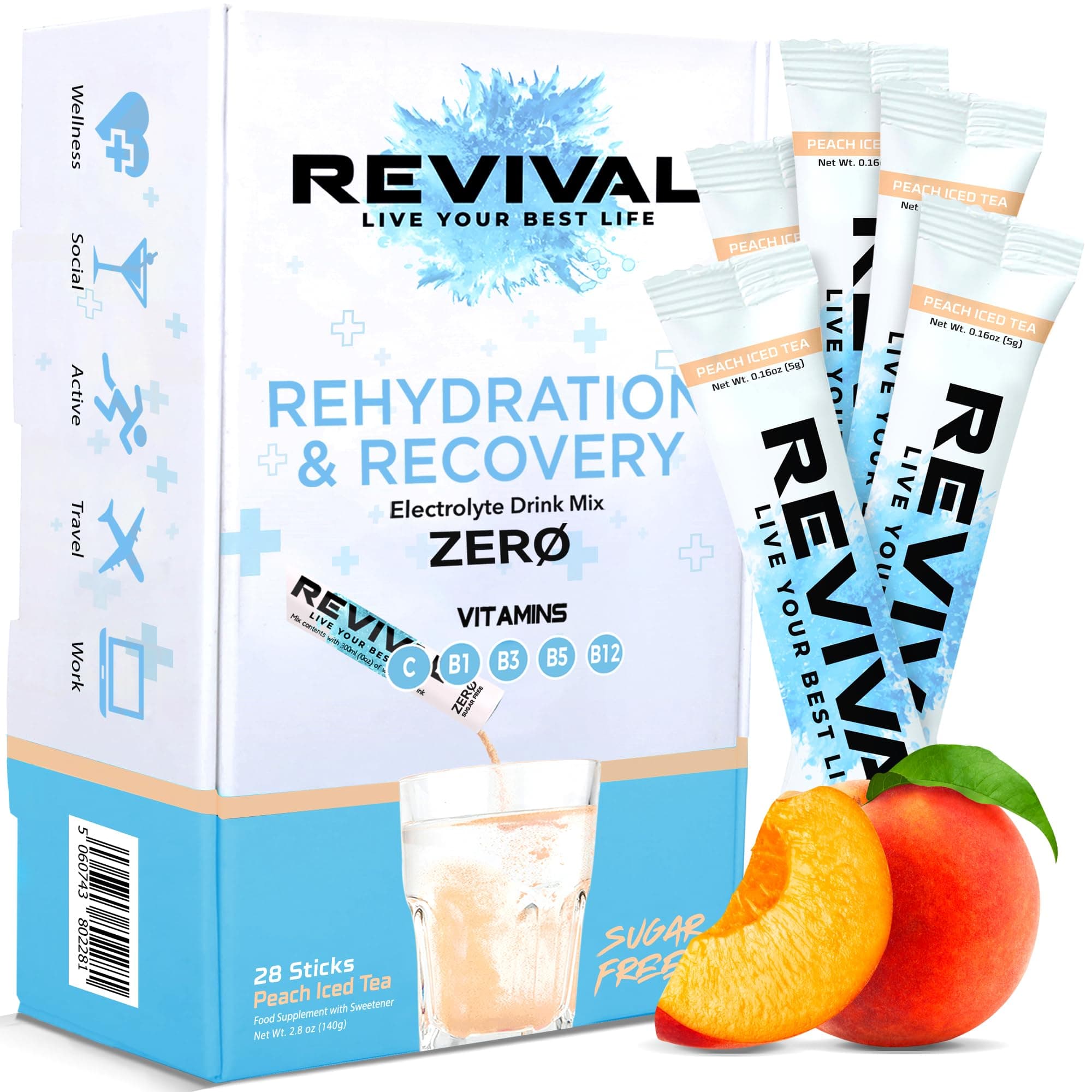 – Revival Zero Rehydration Electrolytes Powder - Sugar Free Hydration Sachet Drink with Vitamins C, B1, B3, B5, B12-28 Pack Peach Iced Tea