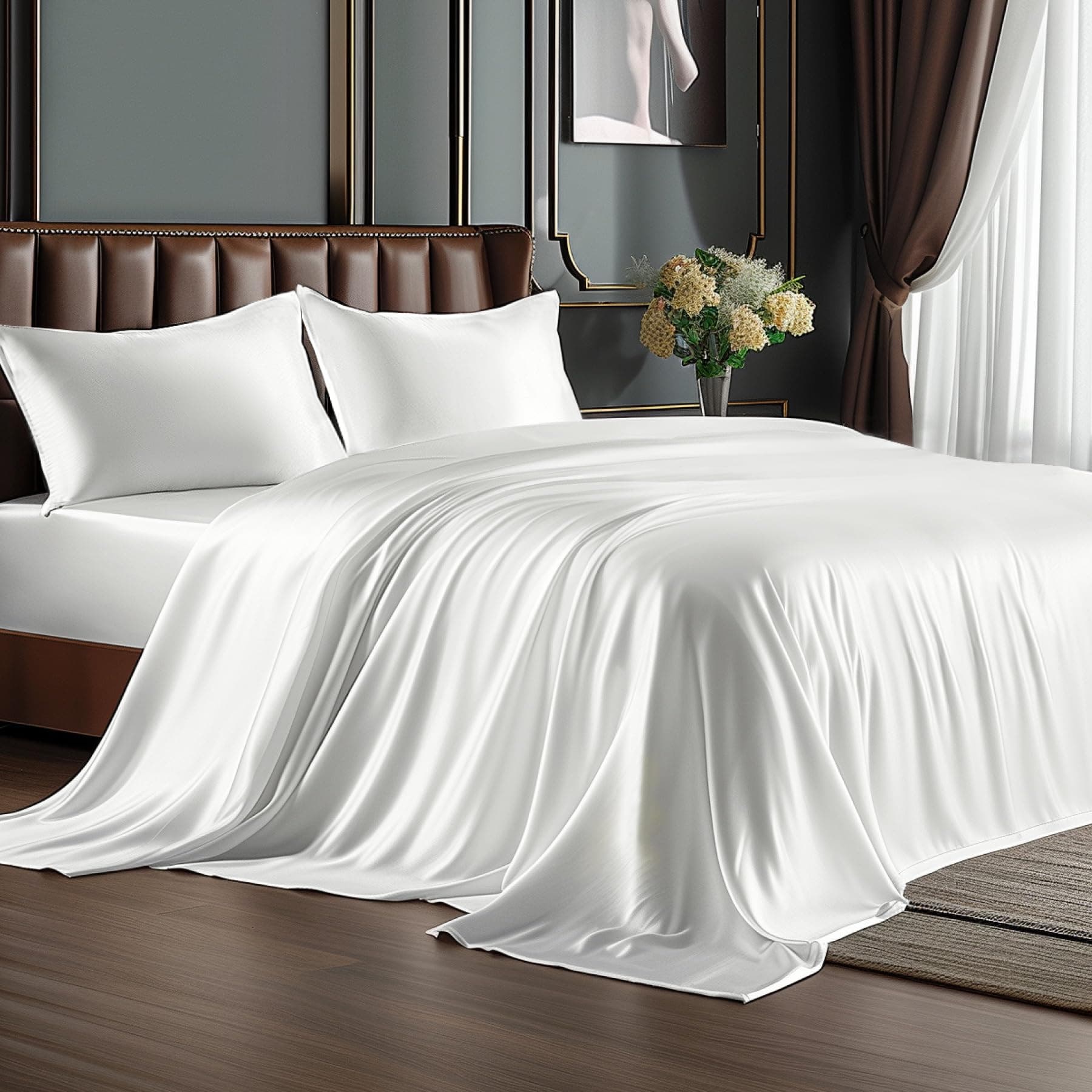 BEDELITE Satin Sheets Queen Size Bed Set, Luxury Soft White Silky Sheets for Hair and Skin, Similar to Silk Bed Sheets Set 4 Pieces （1 Deep Pocket Fitted Sheet, 1 Flat Sheet, and 2 Pillowcases）