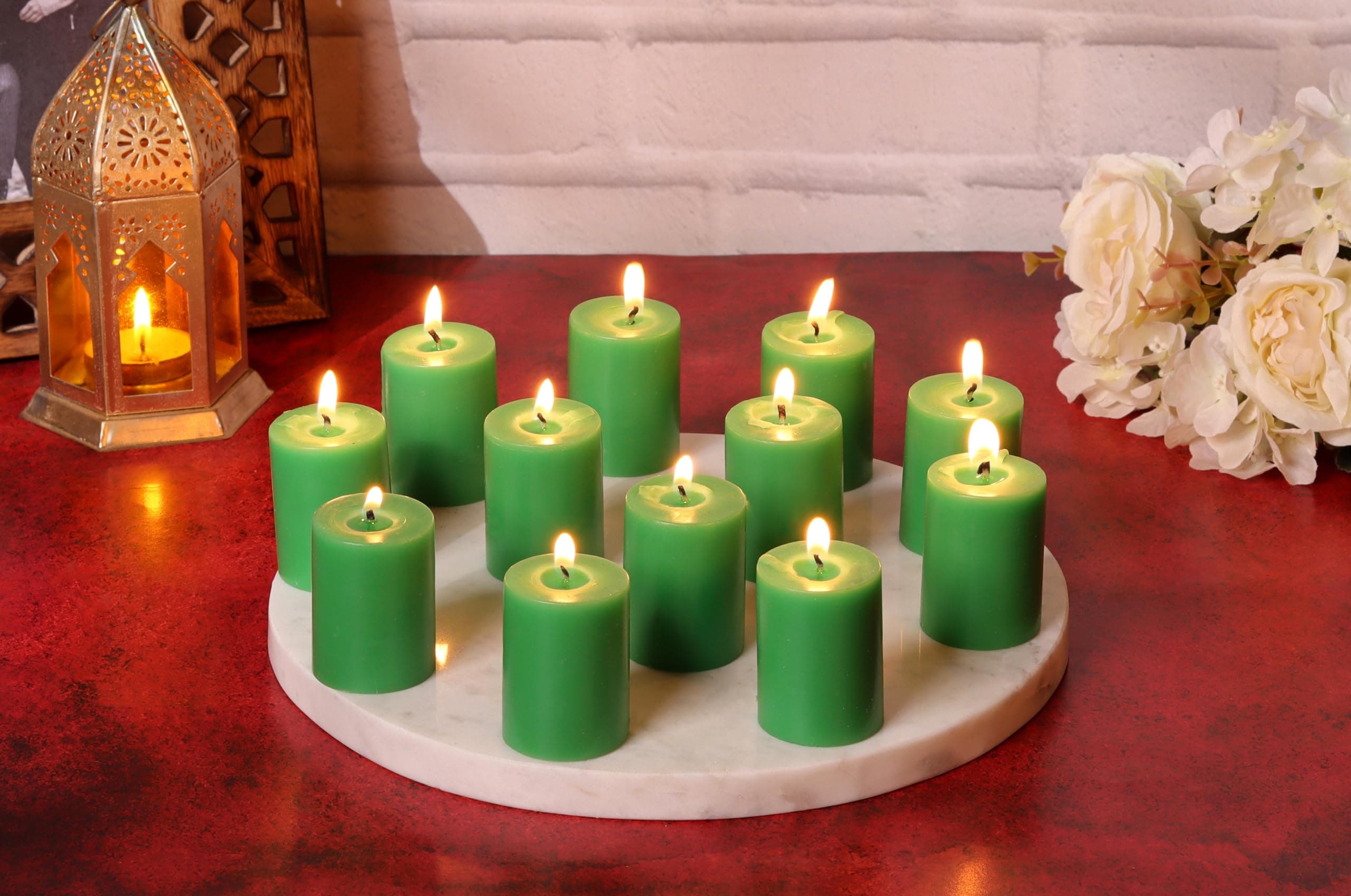 Stone & Feather, Small Green Pillar Candle Unscented, Pack of 12, Size 1.5x2 Hand Poured, Smoke-Less, Long Burning time 8 Hours for Party and Event Decoration., Paraffin Wax