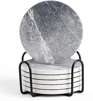 LIFVER Coasters for Drinks Absorbent, Living Room Decor, Ceramic Coasters Set of 6 with Cork Base, Protect Wooden Table or Furniture from Scratched, Drink Coasters with Holder - Grey