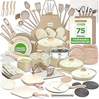 NutriChef 75-Piece Non-Stick Pots and Pans Set, Complete Ceramic Cookware Set with Bakeware, Utensils, Knife Set, & Accessories, Stain-Resistant, Food-Grade Safe, Cream/Brown