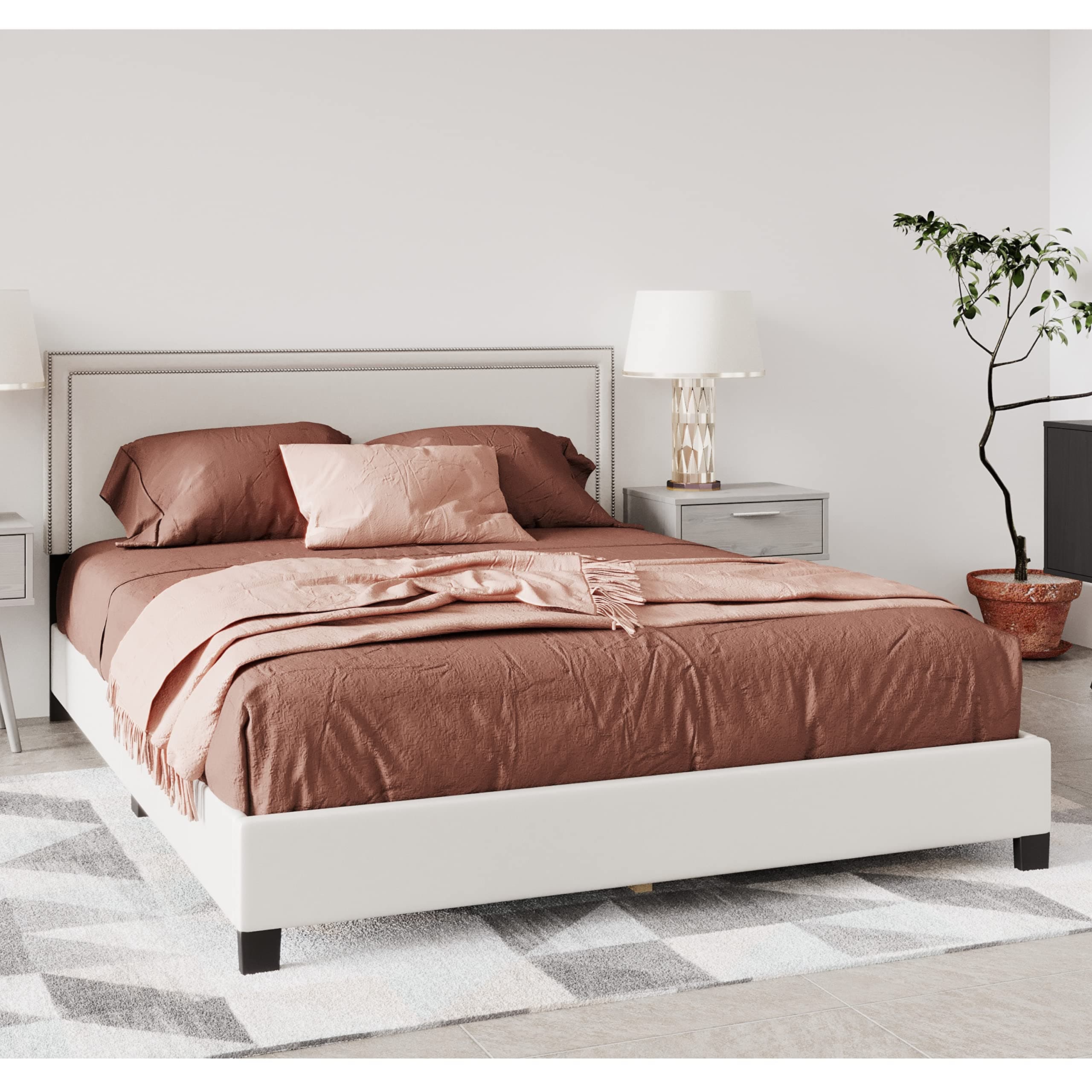 DG Casa Ocean Upholstered Platform Bed Frame with Nailhead Trim Headboard and Full Wooden Slats, Box Spring Not Required-Queen Size in Beige Fabric