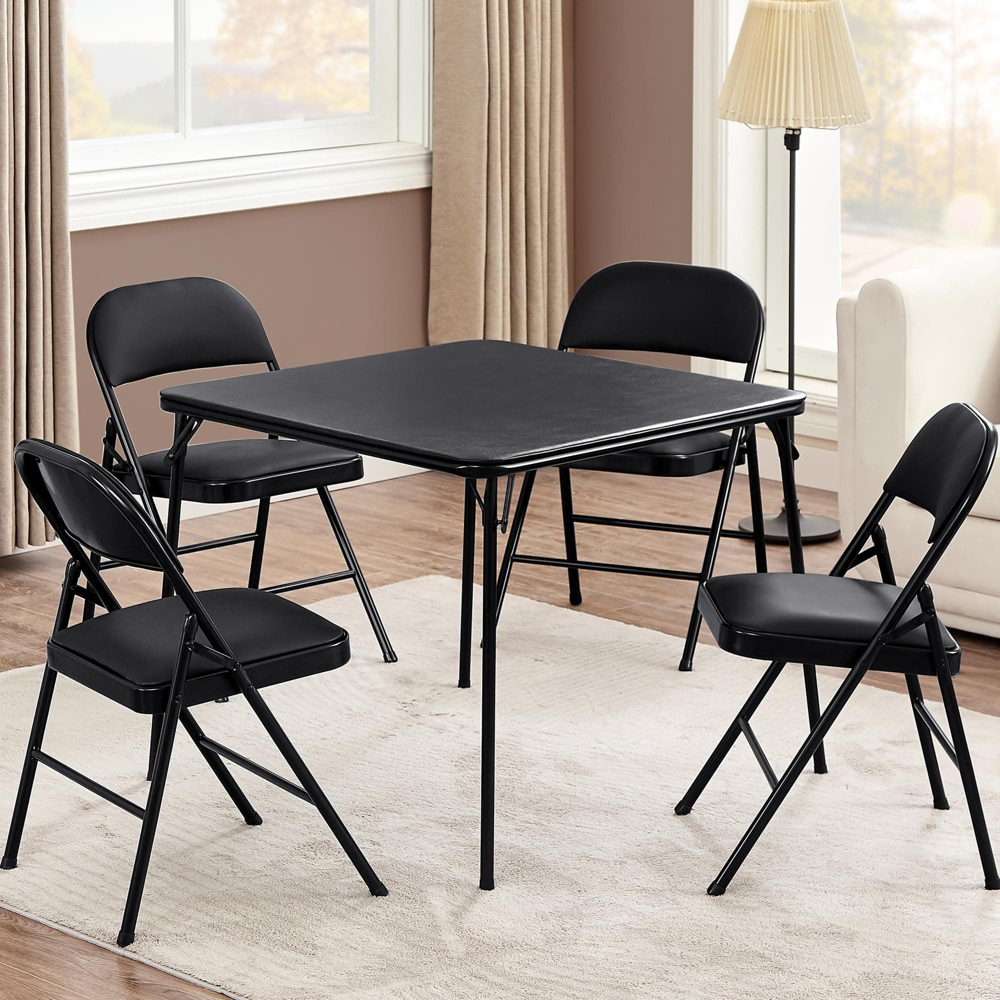 Portable Folding Card Table Square and Chair Set (5pc) with Collapsible Legs & Vinyl Upholstery, Metal, Black