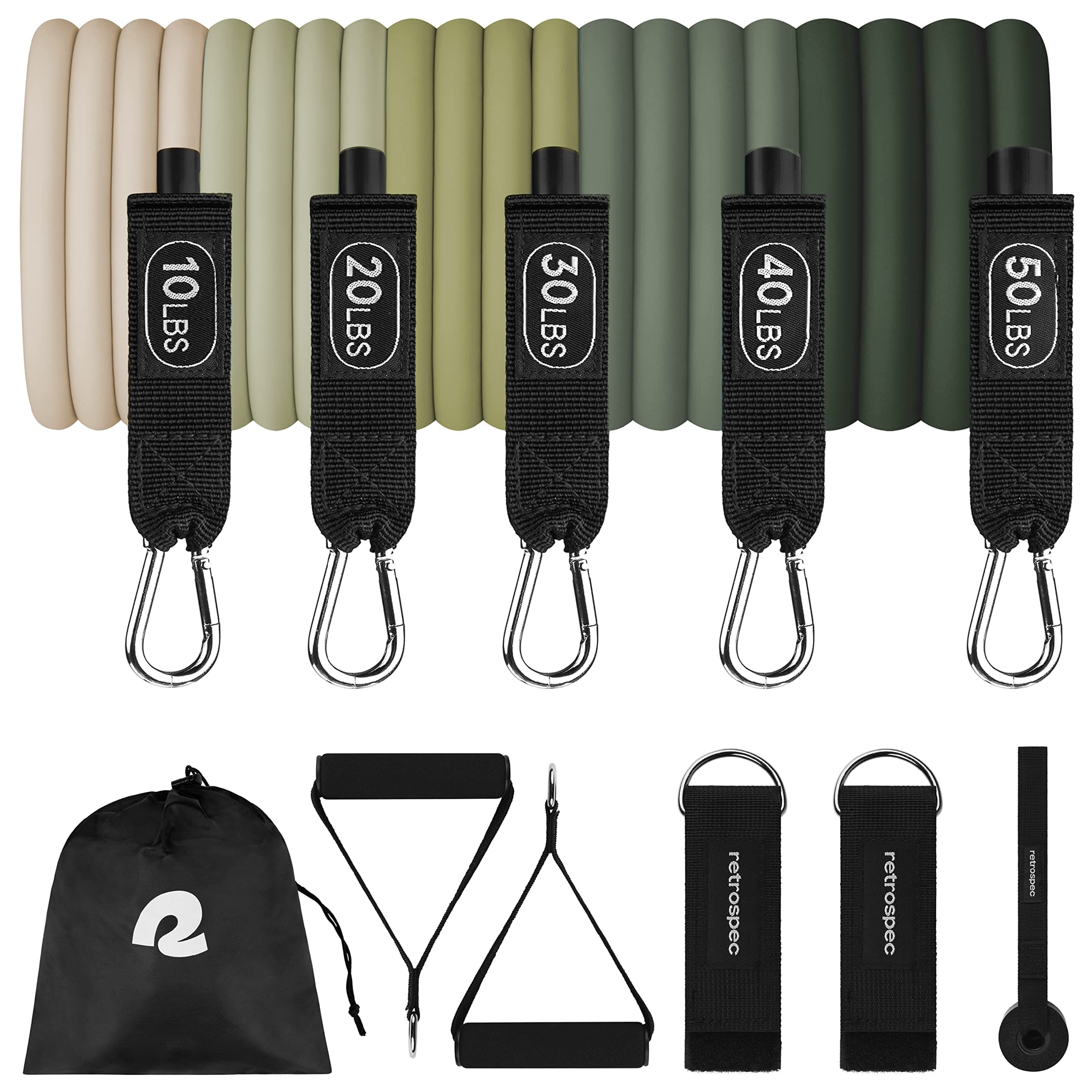 Retrospec Train Resistance Bands Set (5pc) Workout Bands w/Handles, Door Anchor, Carry Bag for Women & Men