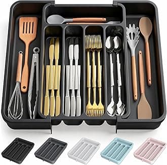 Aujen Silverware Organizer - Expandable Kitchen Drawer Organizer, Adjustable Utensil Organizer, Cutlery Tray for Forks, Knives, Multipurpose Kitchen Organizers and Storage Solution, Black, Medium