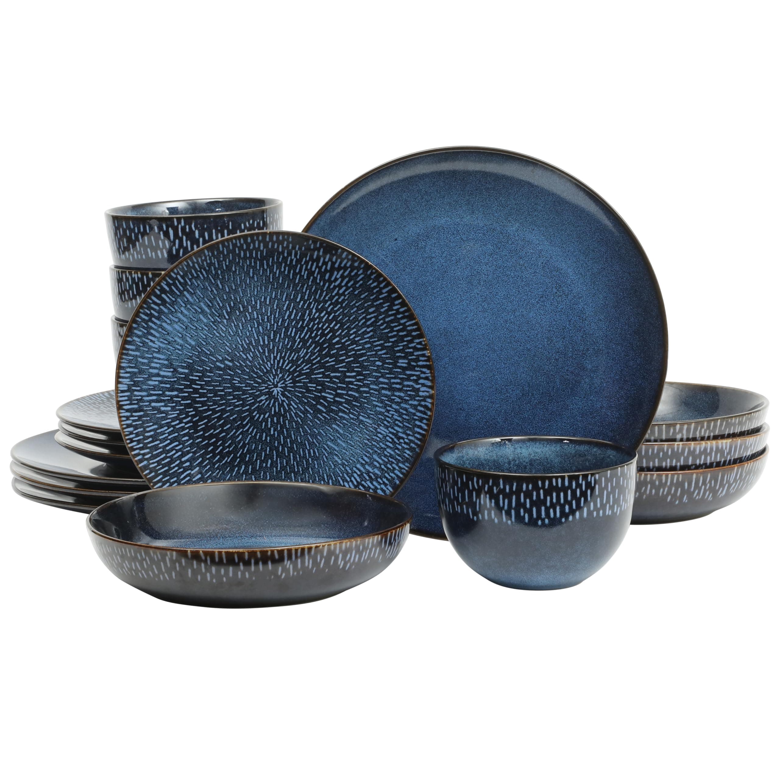 Gibson Elite Matisse 16-Piece Dinnerware Set – Double Bowl Reactive Glaze Cereamic Stoneware in Blue – Plates and Bowls Sets for 4, Microwave & Dishwasher Safe, Rustic Modern Design