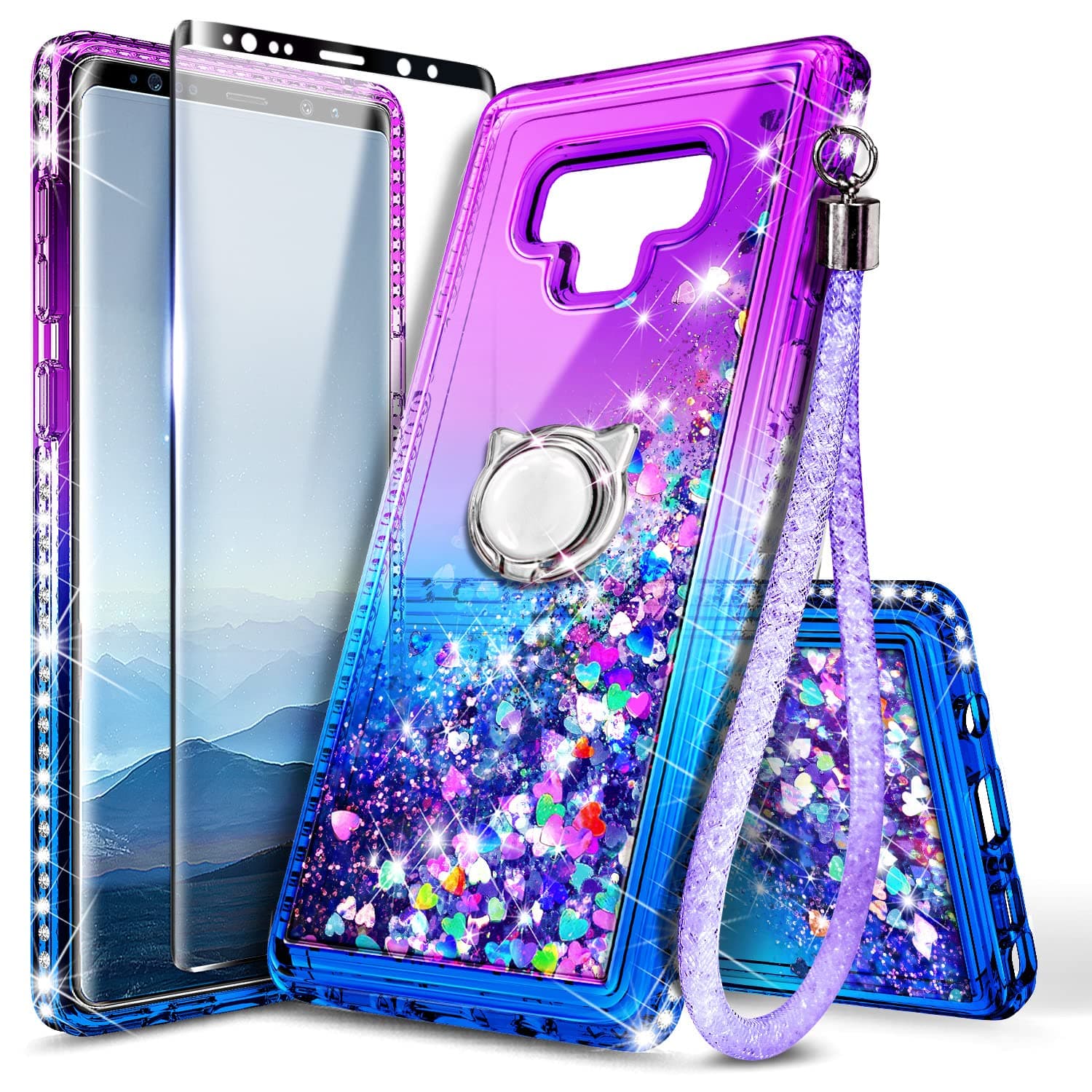 E-BeganCase for Samsung Galaxy Note 9 with Screen Protector (Maximum Coverage, Flexible TPU Film), Ring Holder/Wrist Strap, Sparkle Glitter Flowing Liquid Women Girls Kids Cute Case -Purple/Blue