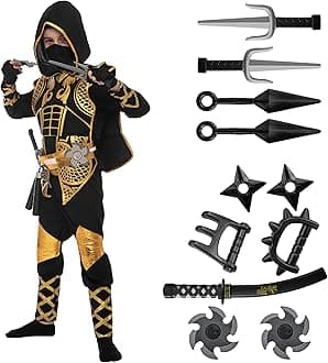 Spooktacular Creations Golden Ninja Costume Set, Ninja Jumpsuit with Foam Accessories for Kids, Toddler Halloween Outfit for Ideas Cosplay Party (Small, 5-7 yrs)