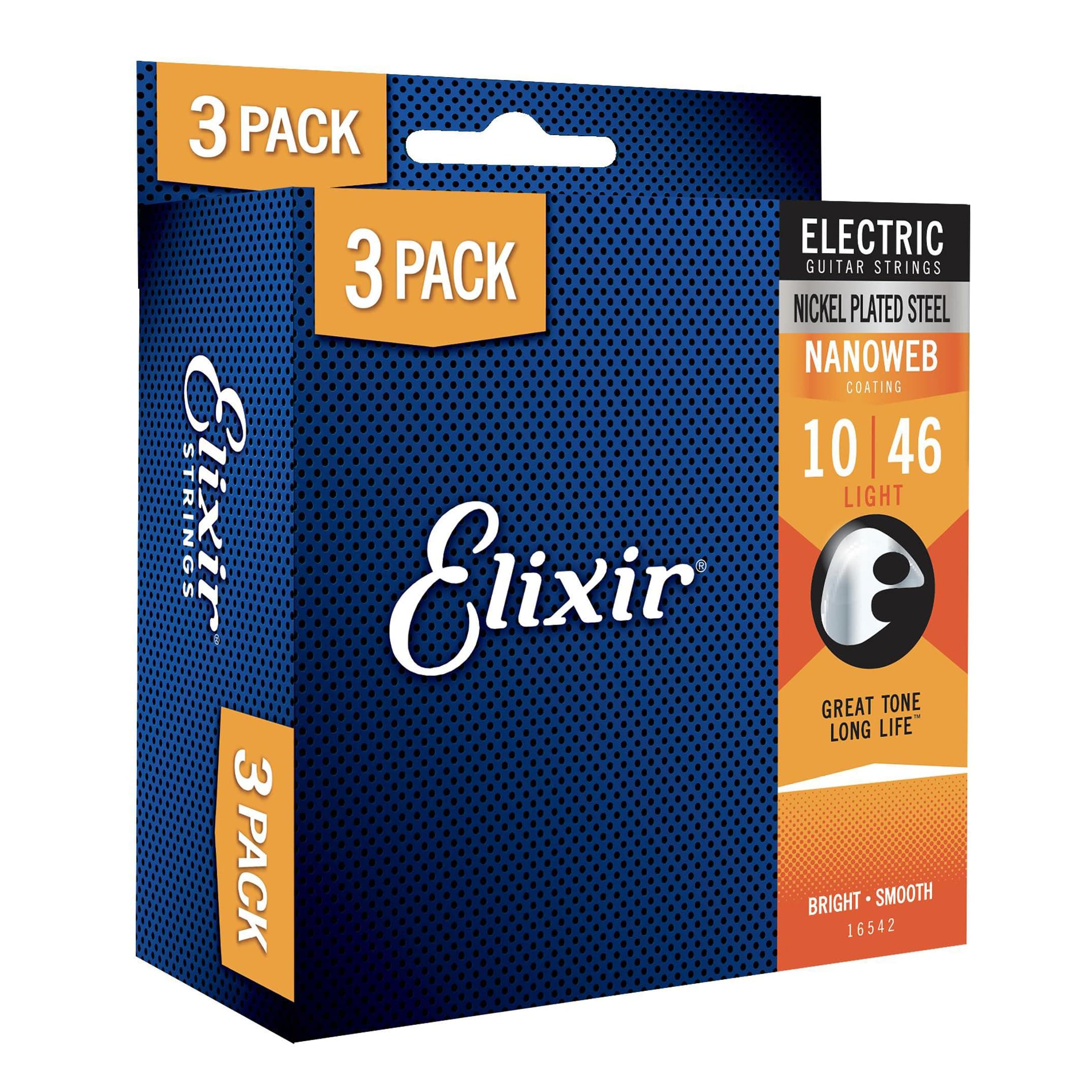 Strings - Nickel Plated Steel Electric Guitar Strings with NANOWEB Coating - Elixir Electric Guitar Strings - 3 Pack, Light 10-46