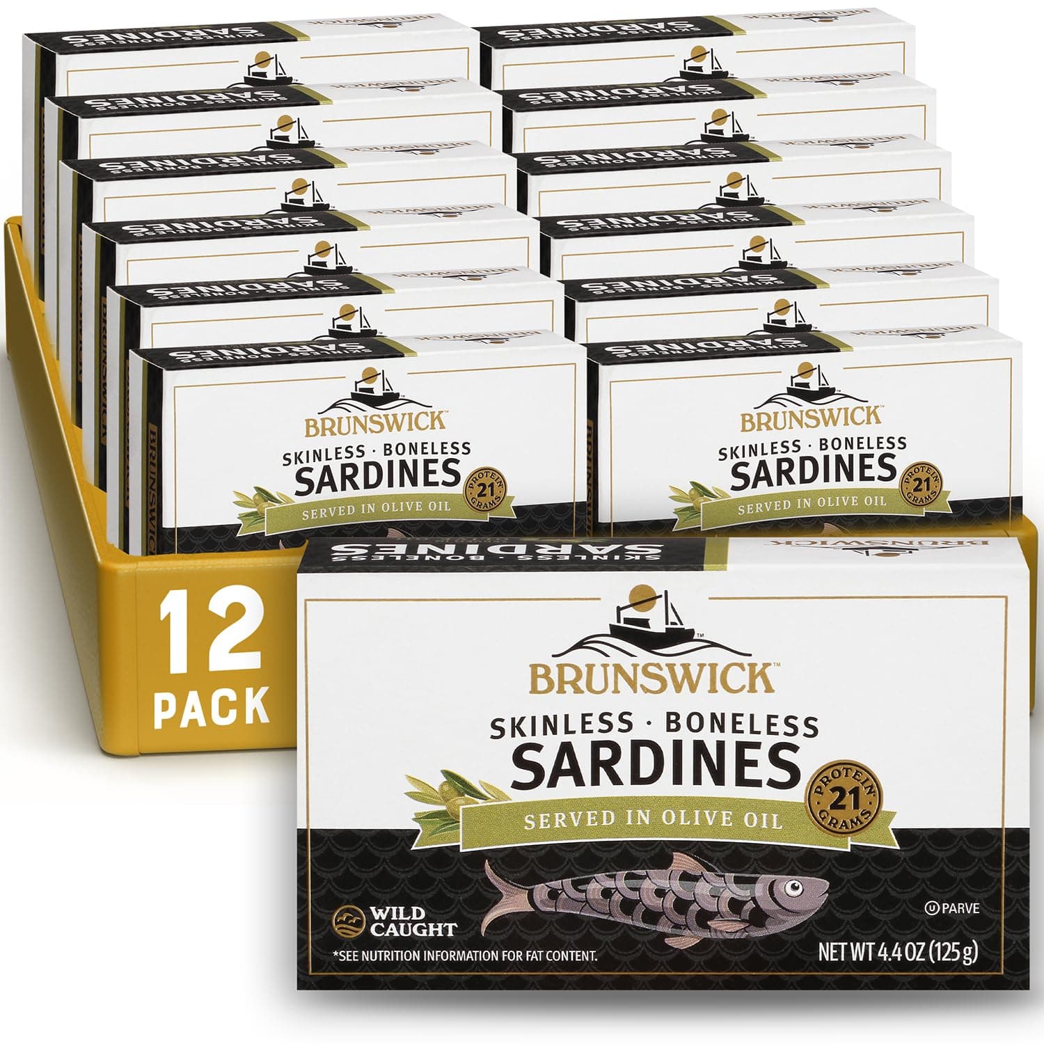 Wild Caught Skinless and Boneless Sardines, Served in Olive Oil, 4.4 Ounce (Pack of 12)