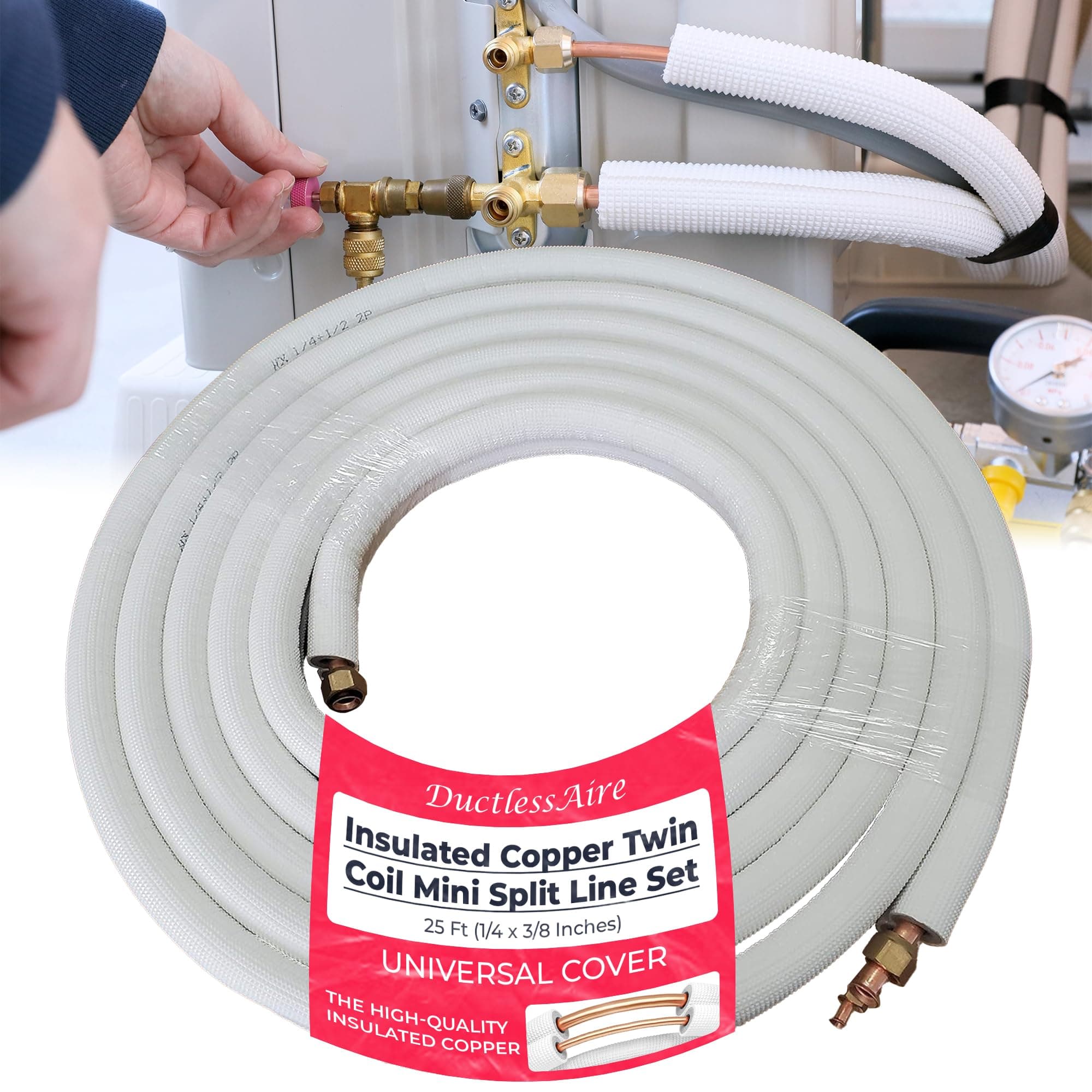 DuctlessAire Insulated Copper Twin Line Set for Ductless Mini Split Air Conditioner and Heat Pump System - Insulation Copper Pipe Coil Tubing for HVAC, AC & More - Universal Cover (25ft, 1/4 x 3/8 in)