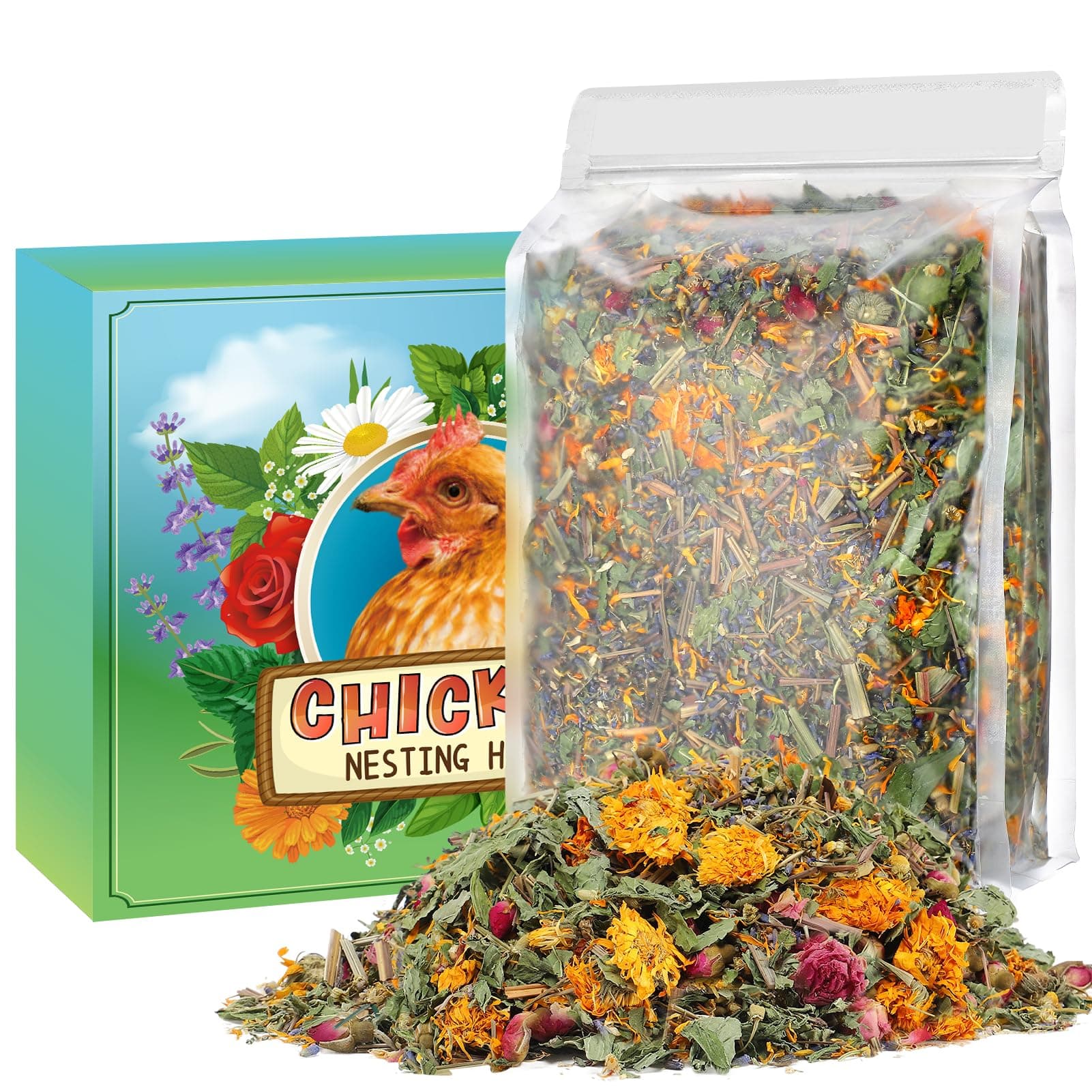 20 Oz Nesting Herbs for Chicken Coop - Natural Egg-Laying Box Feed Herb in 6 Dried Flowers for Freshening Bedding Chicken Coop Dust Bath Increase Egg Production Great Gift