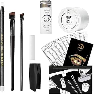 Eyebrow Mapping Kit with 30m White Mapping String, 15g White Brow Paste, 2 Eyebrow Brush Set, Microblading Pencil for Outlining, Pencil Shaper and Blades, 20 Brow Ruler Stencils + Instructions
