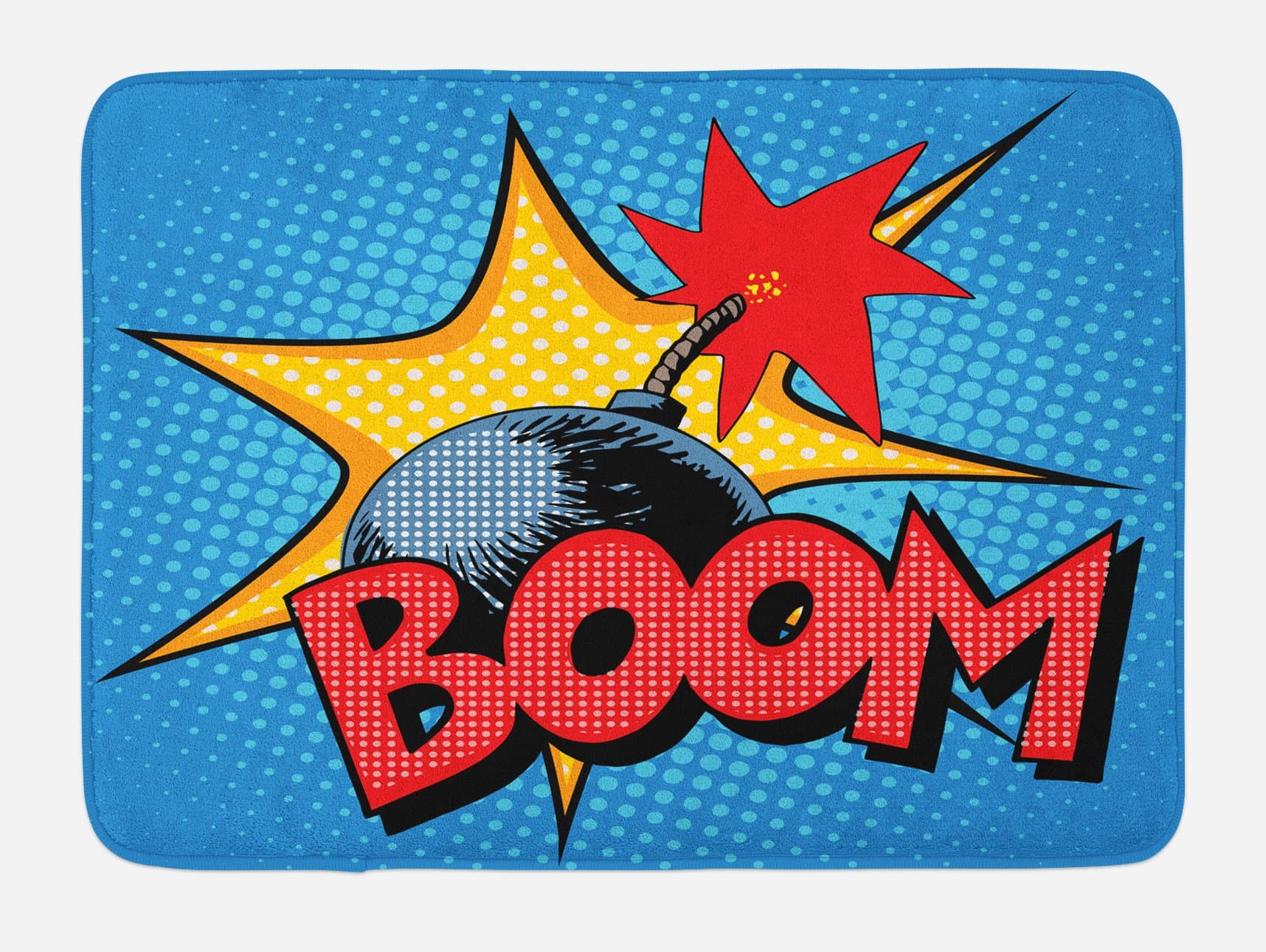 Lunarable Vintage Bath Mat, Retro Style Flash and Flame on Dotted Background Comics Pop Art Image Print, Plush Bathroom Decor Mat with Non Slip Backing, 29.5" X 17.5", Blue Yellow